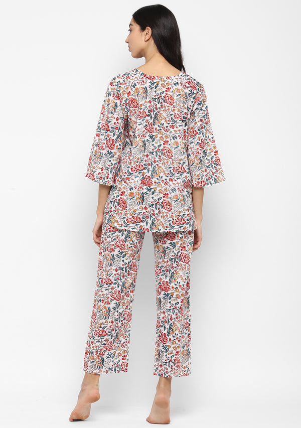 Multicoloured Hand Block Floral Printed Cotton Night Suit - unidra.myshopify.com