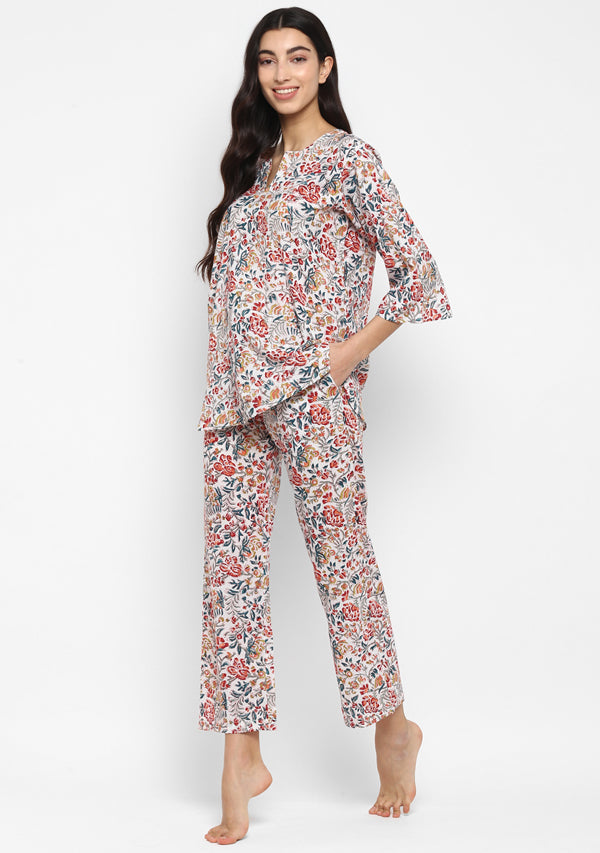 Multicoloured Hand Block Floral Printed Cotton Night Suit - unidra.myshopify.com