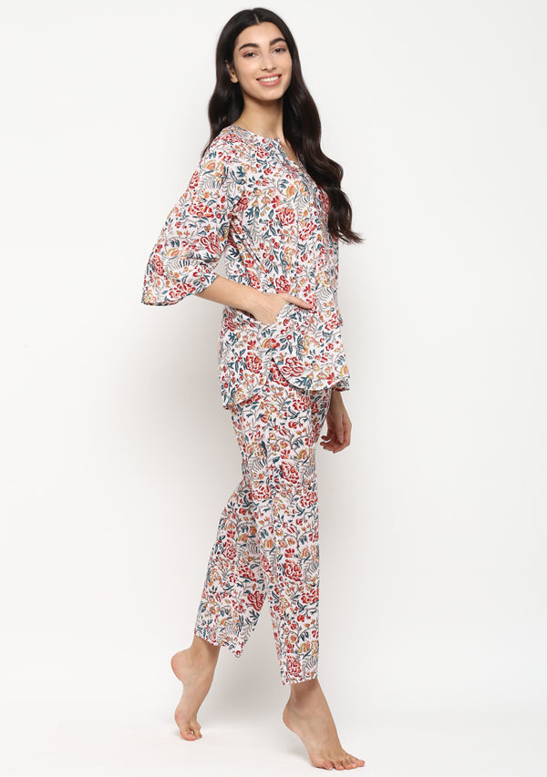 Multicoloured Hand Block Floral Printed Cotton Night Suit - unidra.myshopify.com