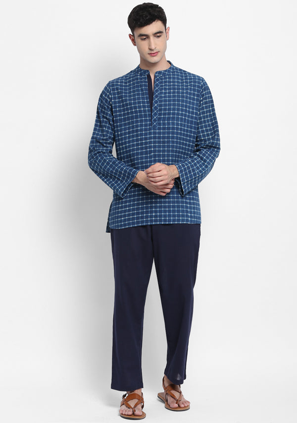 Indigo Ivory Hand Block Checked Printed Cotton Shirt and Pyjamas For Men - unidra.myshopify.com