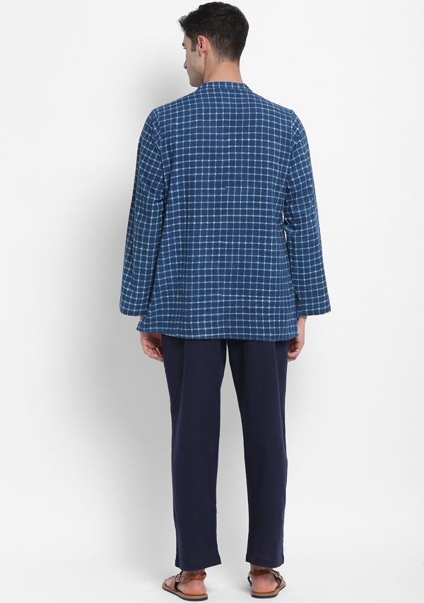 Indigo Ivory Hand Block Checked Printed Cotton Shirt and Pyjamas For Men - unidra.myshopify.com