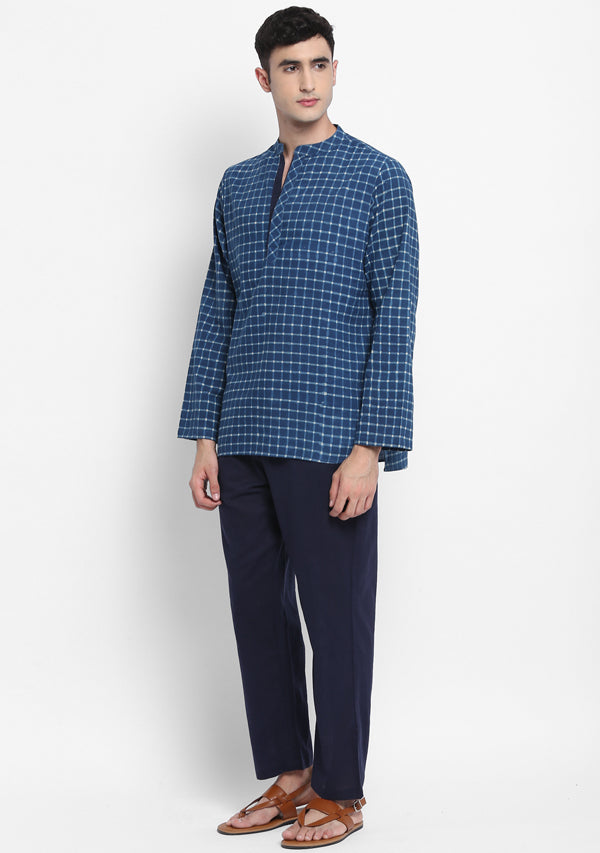 Indigo Ivory Hand Block Checked Printed Cotton Shirt and Pyjamas For Men - unidra.myshopify.com