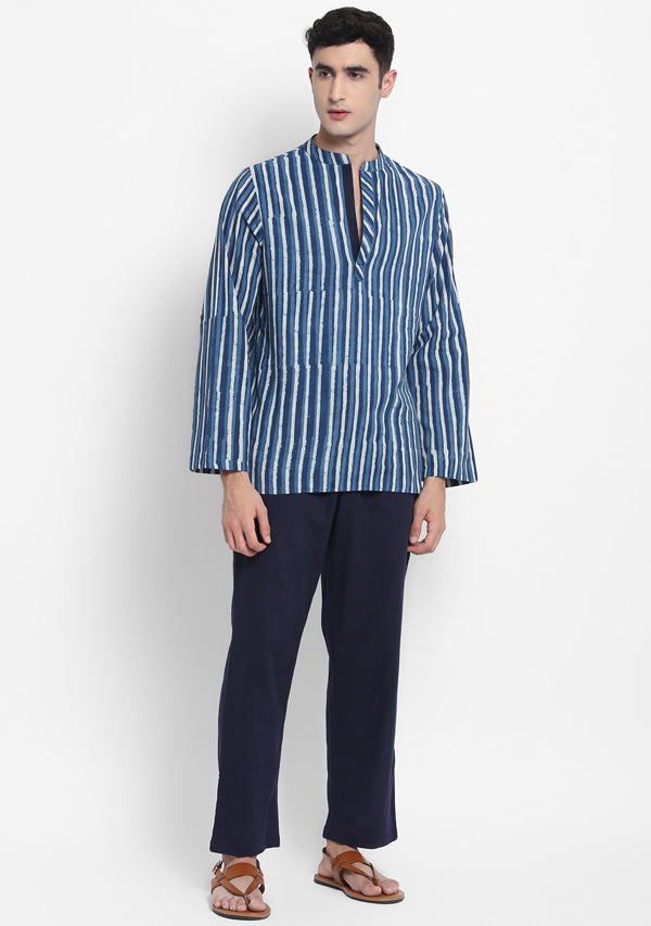 Indigo Ivory Hand Block Stripe Printed Cotton Shirt and Pyjamas For Men - unidra.myshopify.com