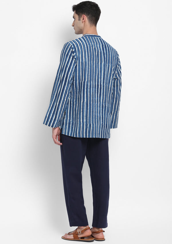Indigo Ivory Hand Block Stripe Printed Cotton Shirt and Pyjamas For Men - unidra.myshopify.com