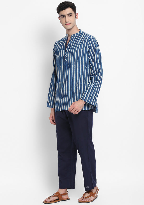 Indigo Ivory Hand Block Stripe Printed Cotton Shirt and Pyjamas For Men - unidra.myshopify.com