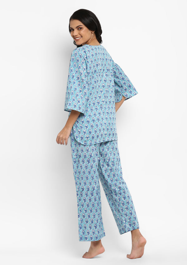 Aqua Blue Hand Block Flower Motif Printed Cotton Night Suit - unidra.myshopify.com