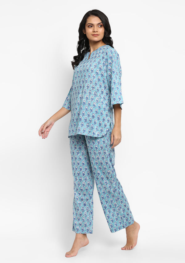 Aqua Blue Hand Block Flower Motif Printed Cotton Night Suit - unidra.myshopify.com
