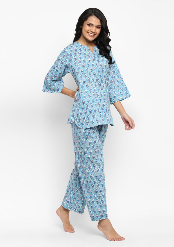 Aqua Blue Hand Block Flower Motif Printed Cotton Night Suit - unidra.myshopify.com