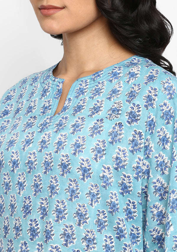 Aqua Blue Hand Block Flower Motif Printed Cotton Night Suit - unidra.myshopify.com