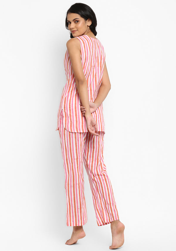 Peach Pink Hand Block Stripe Printed Sleeveless Cotton Night Suit - unidra.myshopify.com