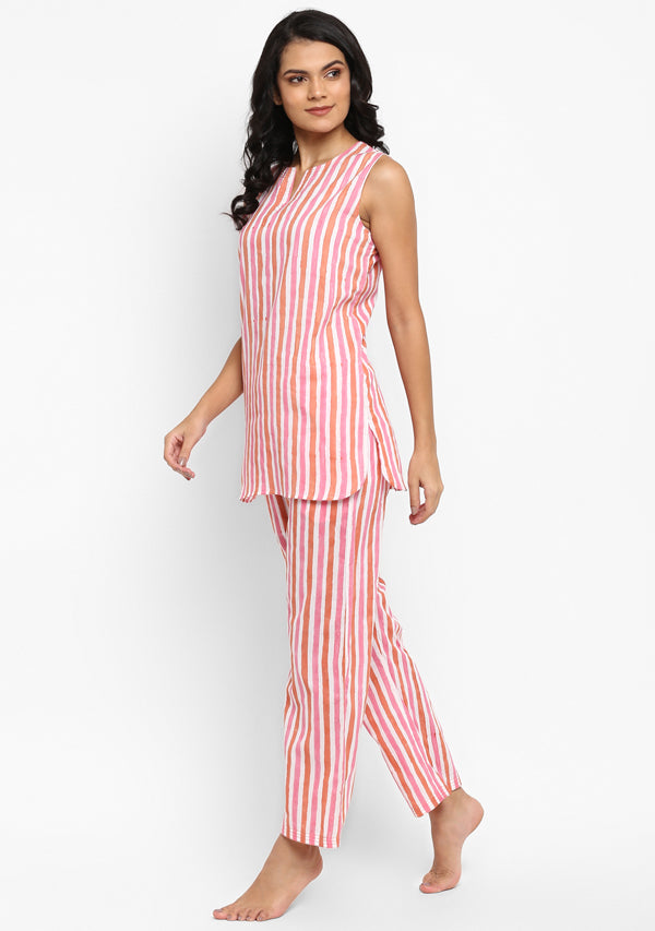 Peach Pink Hand Block Stripe Printed Sleeveless Cotton Night Suit - unidra.myshopify.com