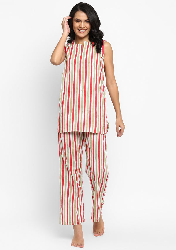 Red Green Hand Block Stripe Printed Sleeveless Cotton Night Suit - unidra.myshopify.com