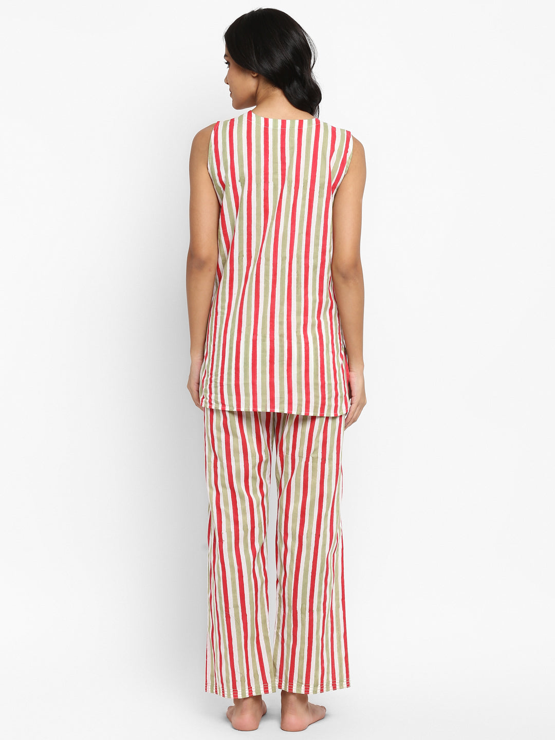 Red Green Hand Block Stripe Printed Sleeveless Cotton Night Suit - unidra.myshopify.com