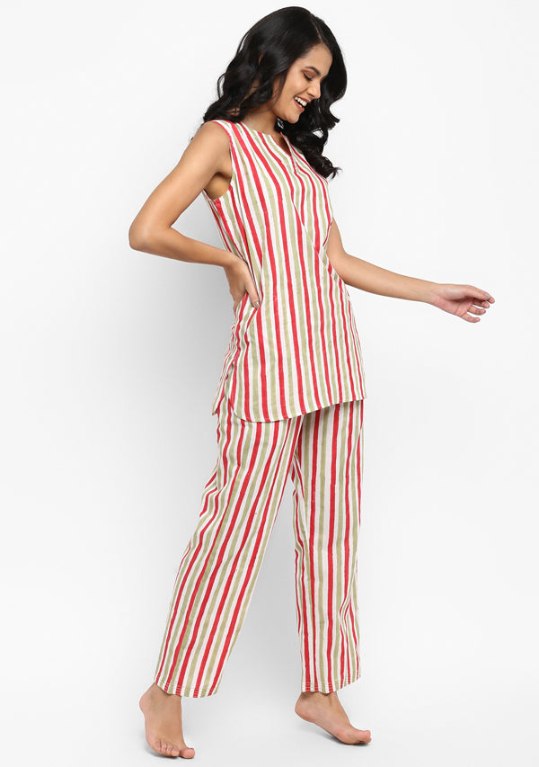 Red Green Hand Block Stripe Printed Sleeveless Cotton Night Suit - unidra.myshopify.com