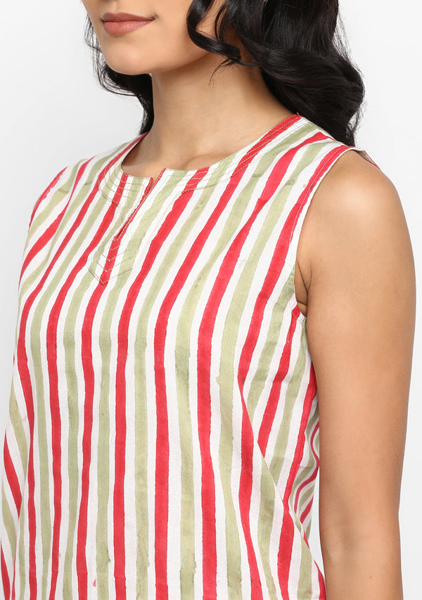 Red Green Hand Block Stripe Printed Sleeveless Cotton Night Suit - unidra.myshopify.com