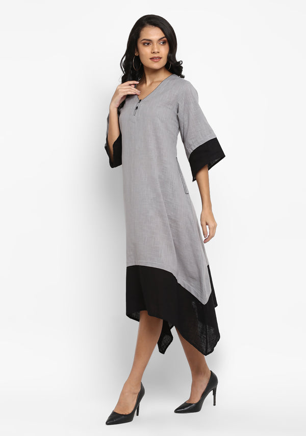 Grey Black Layered Side Tail Cotton Dress - unidra.myshopify.com