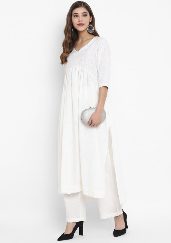 Adaa White Cotton V-Neck Kurta with Silver Stitch Lines paired with Pants - unidra.myshopify.com