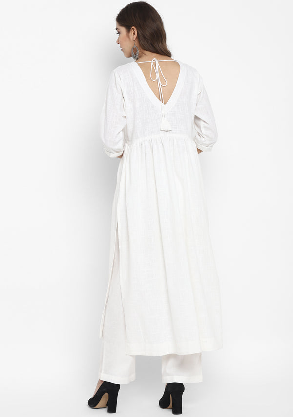 Adaa White Cotton V-Neck Kurta with Silver Stitch Lines paired with Pants - unidra.myshopify.com