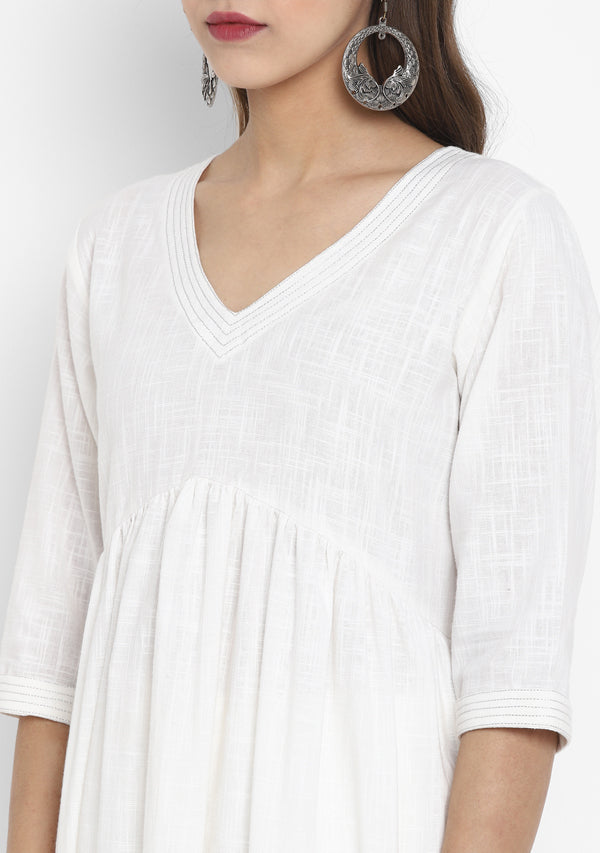 Adaa White Cotton V-Neck Kurta with Silver Stitch Lines paired with Pants - unidra.myshopify.com