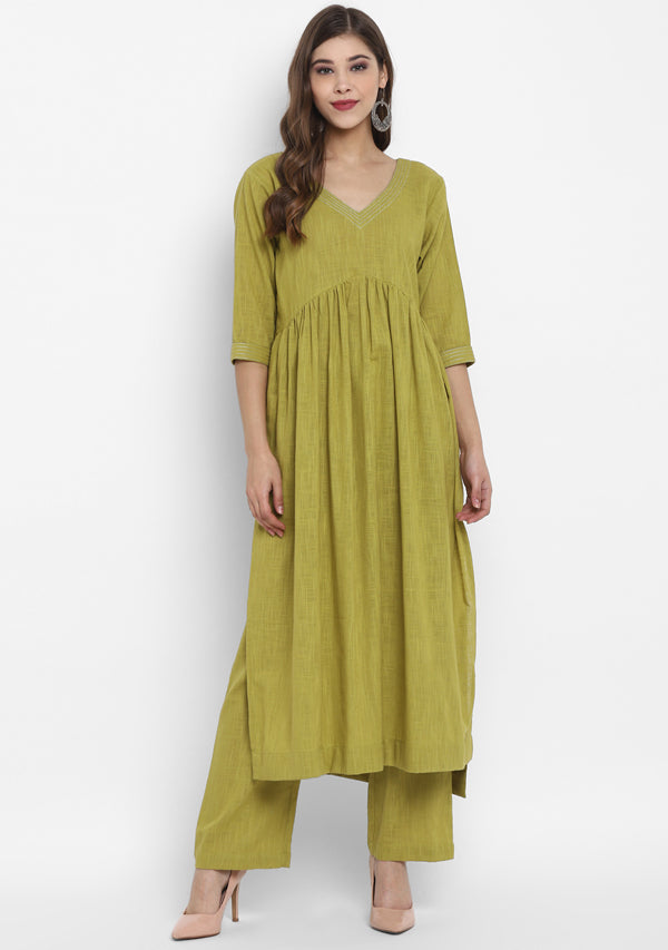 Adaa Olive Green Cotton V-Neck Kurta with Silver Stitch Lines paired with Pants - unidra.myshopify.com