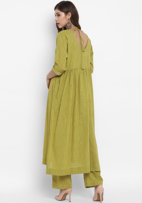 Adaa Olive Green Cotton V-Neck Kurta with Silver Stitch Lines paired with Pants - unidra.myshopify.com