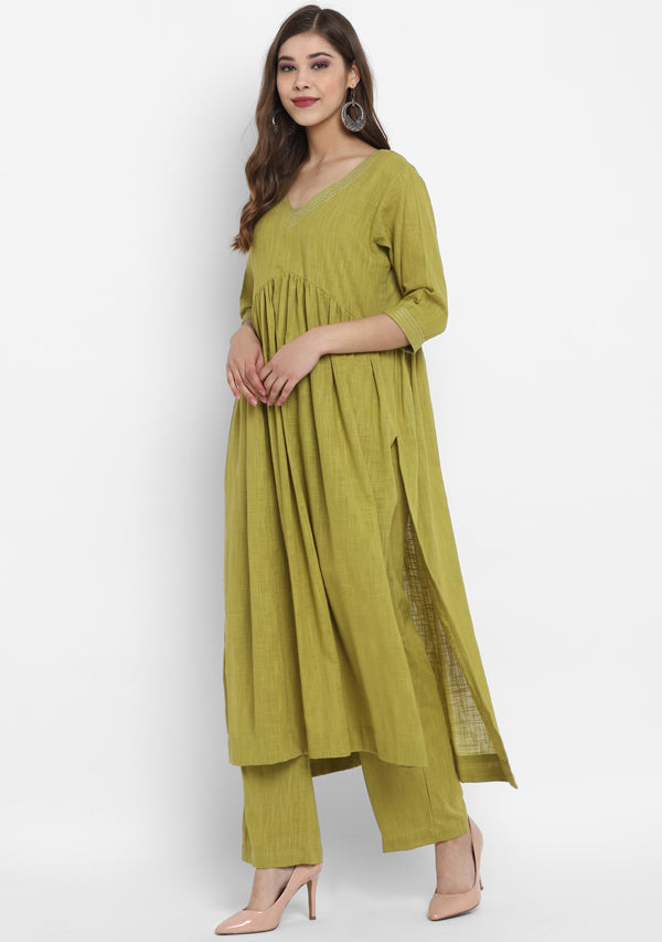Adaa Olive Green Cotton V-Neck Kurta with Silver Stitch Lines paired with Pants - unidra.myshopify.com