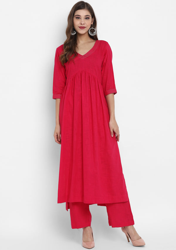 Adaa Fuchsia Cotton V-Neck Kurta with Silver Stitch Lines paired with Pants - unidra.myshopify.com