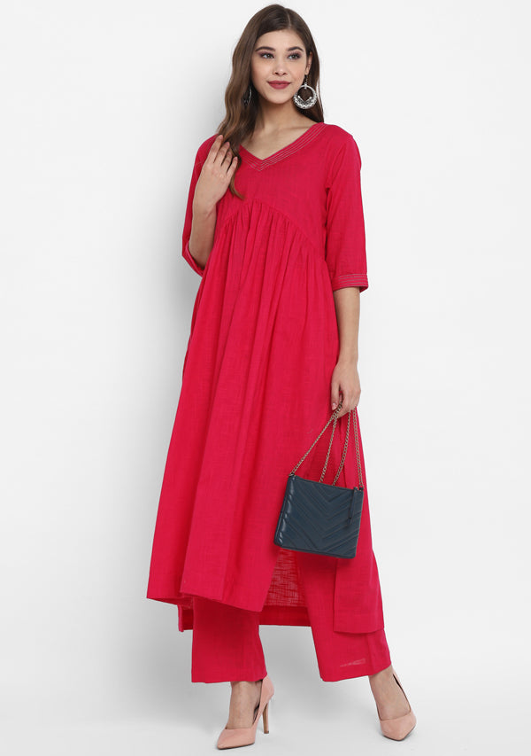 Adaa Fuchsia Cotton V-Neck Kurta with Silver Stitch Lines paired with Pants - unidra.myshopify.com