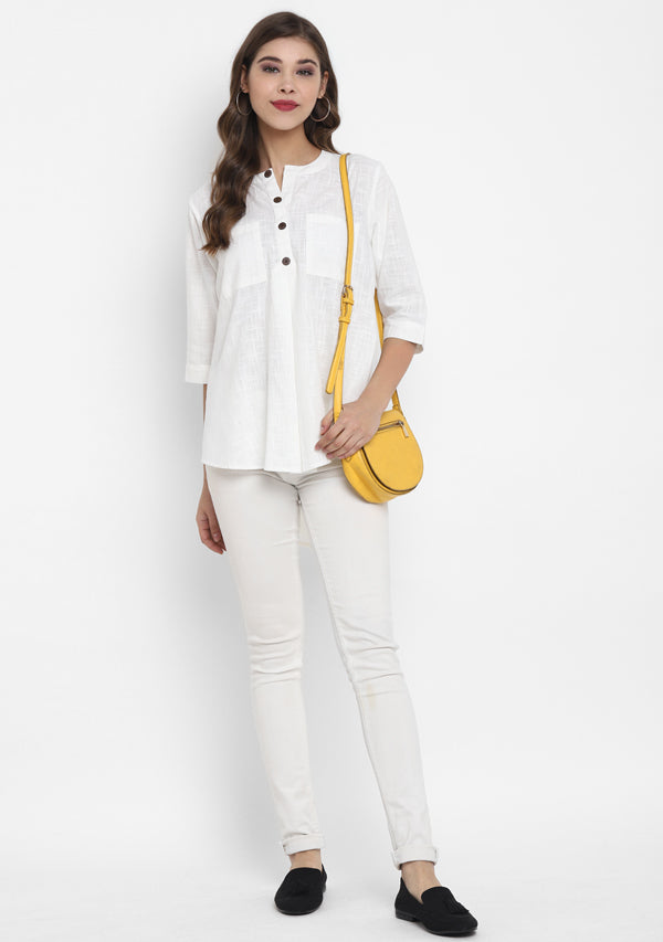 White Short Cotton Tunic With Pleats - unidra.myshopify.com