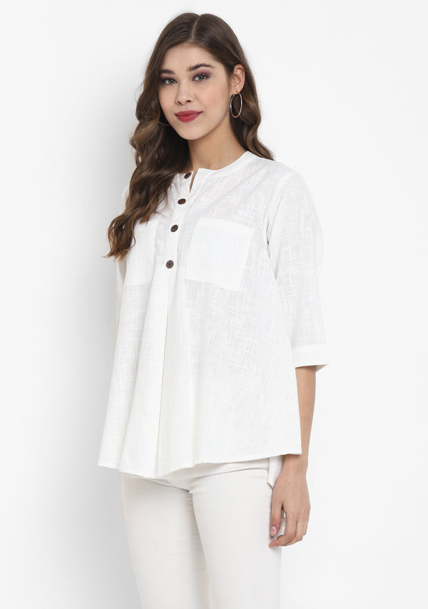 White Short Cotton Tunic With Pleats - unidra.myshopify.com
