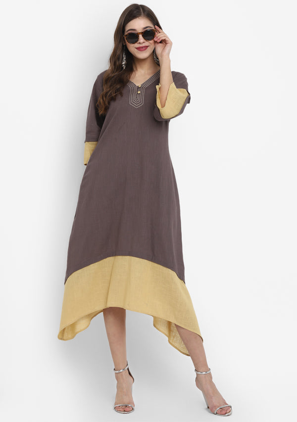 Grey Yellow Layered Side Tail Cotton Dress - unidra.myshopify.com