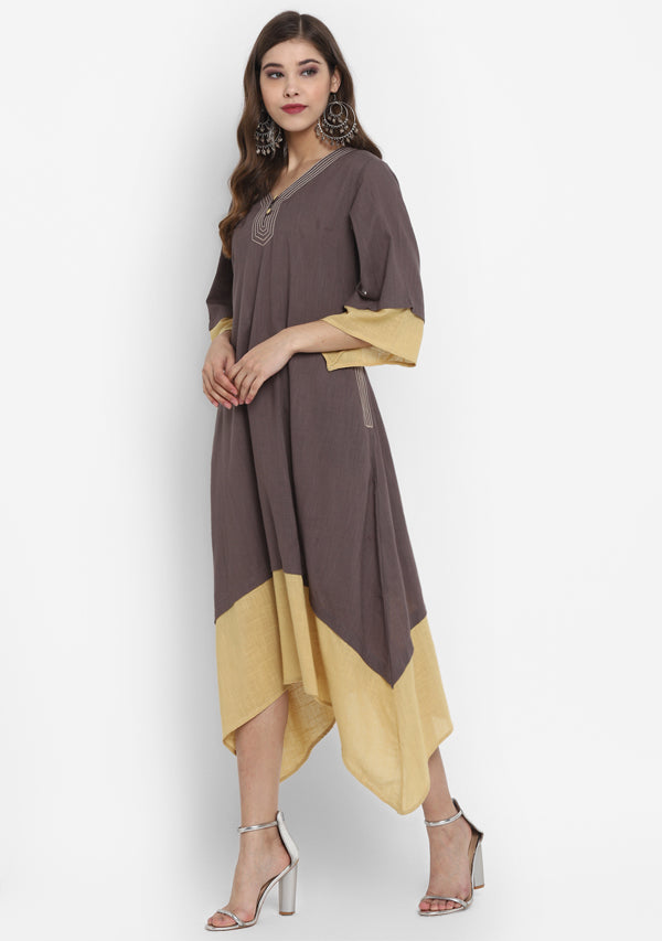 Grey Yellow Layered Side Tail Cotton Dress - unidra.myshopify.com