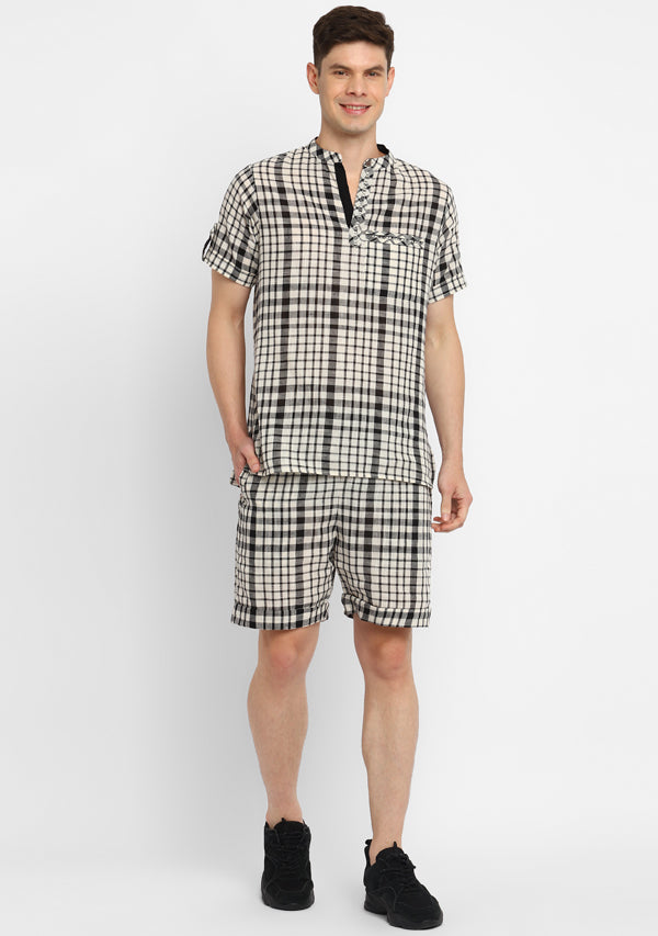 Black White Checked Cotton Shirt and Shorts For Men