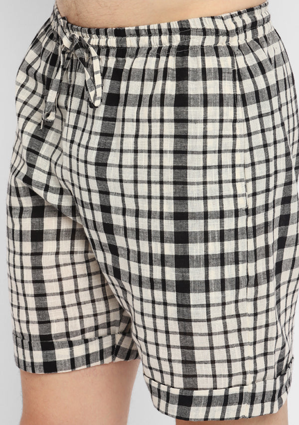 Black White Checked Cotton Shirt and Shorts For Men