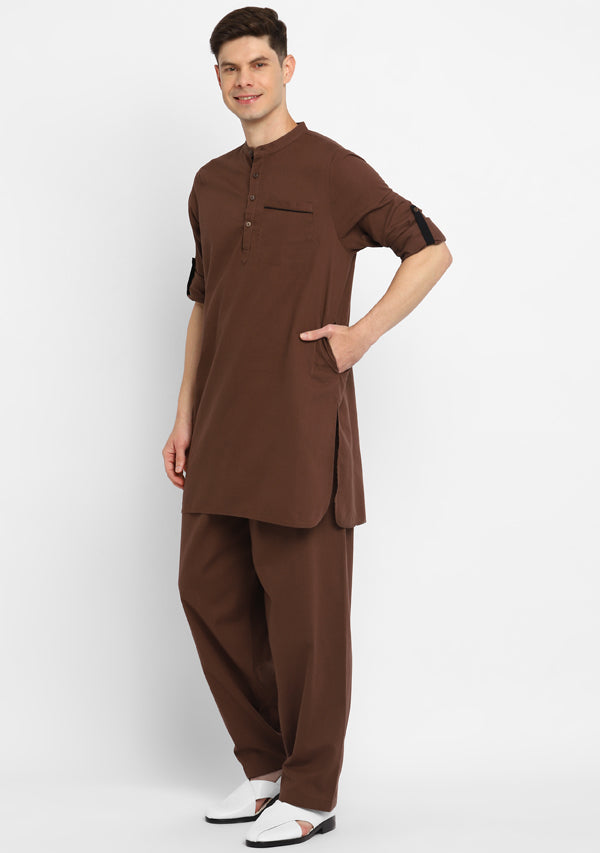 Brown Cotton Kurta and Pathani Salwar For Men