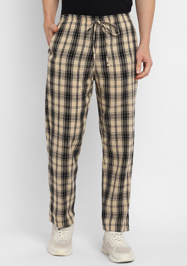 Beige Black Checked Cotton Lounge Pants For Men