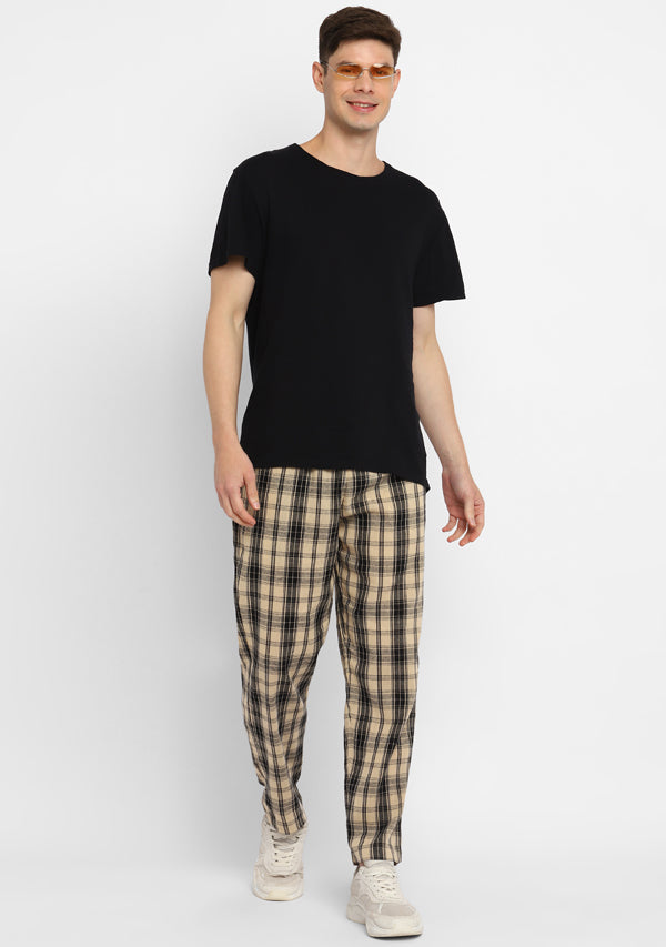 Beige Black Checked Cotton Lounge Pants For Men