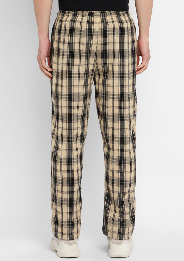 Beige Black Checked Cotton Lounge Pants For Men