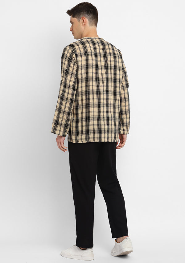 Beige Black Checked Cotton Shirt and Pyjamas For Men