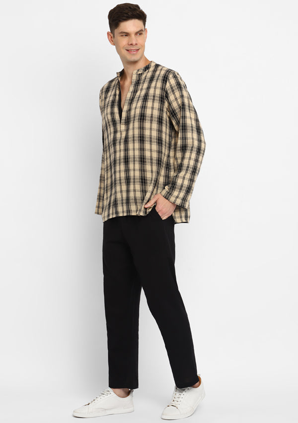 Beige Black Checked Cotton Shirt and Pyjamas For Men