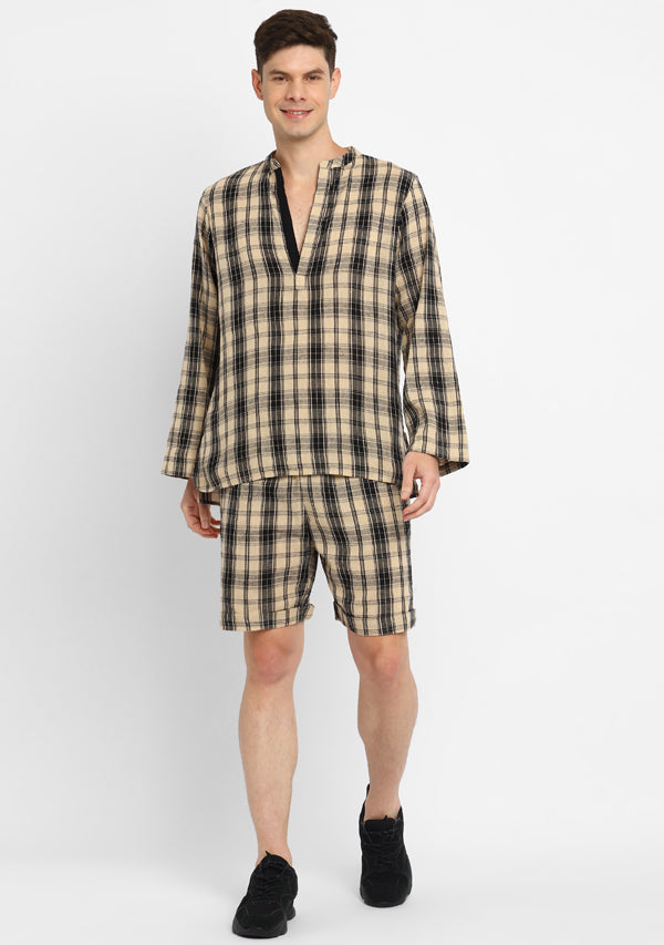 Beige Black Checked Cotton Shirt and Shorts For Men