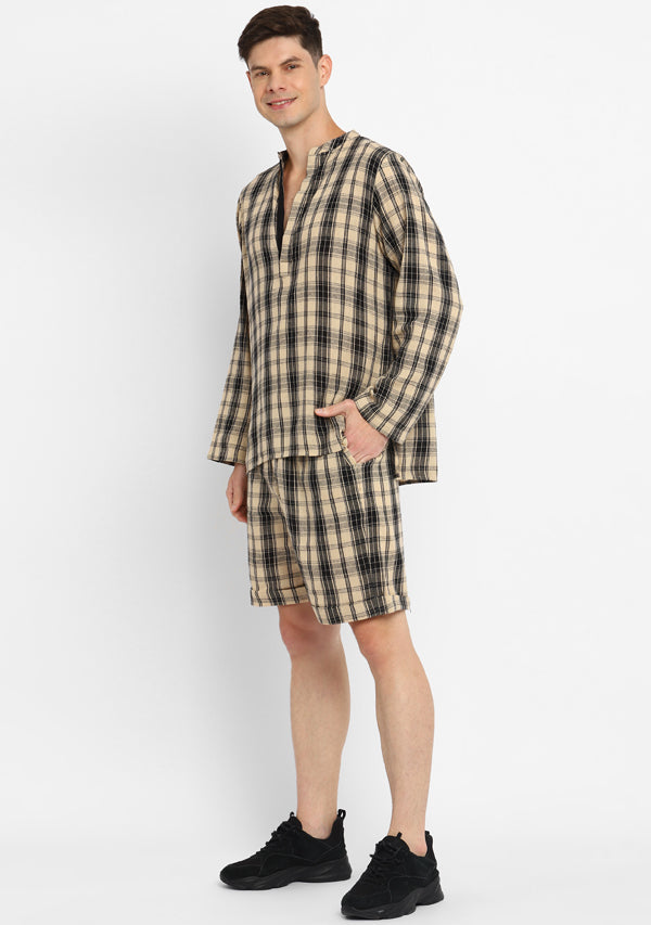 Beige Black Checked Cotton Shirt and Shorts For Men