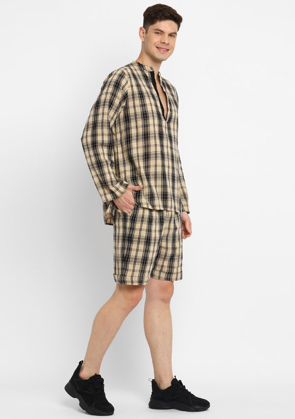 Beige Black Checked Cotton Shirt and Shorts For Men