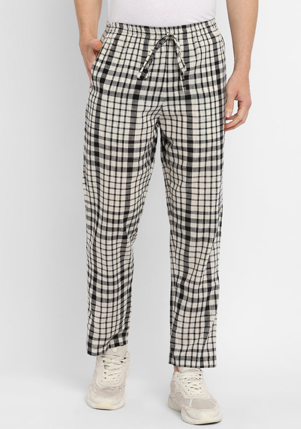 White Black Checked Cotton Lounge Pants For Men