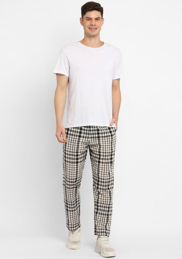 White Black Checked Cotton Lounge Pants For Men