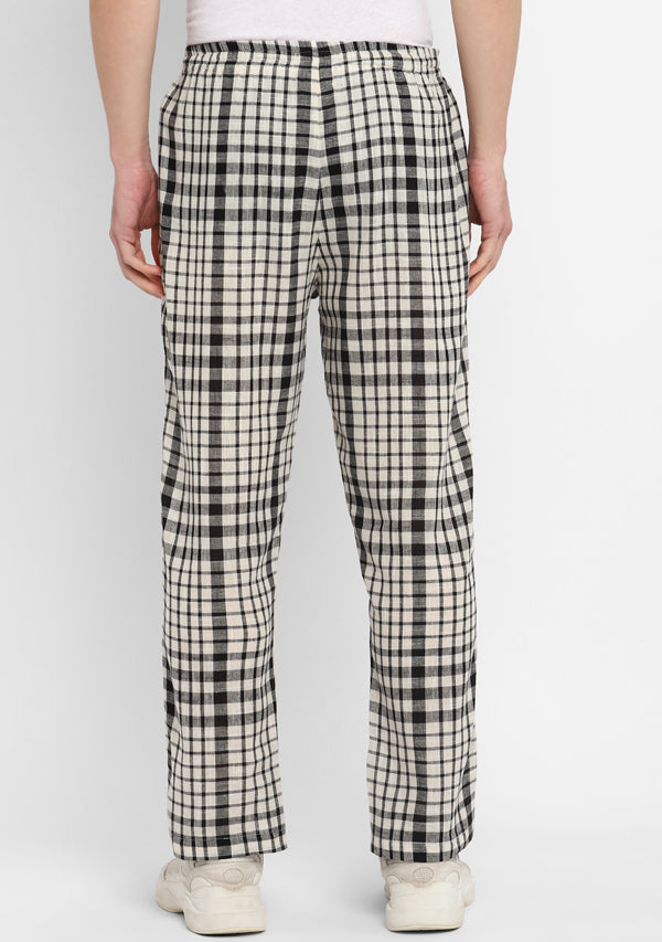 White Black Checked Cotton Lounge Pants For Men
