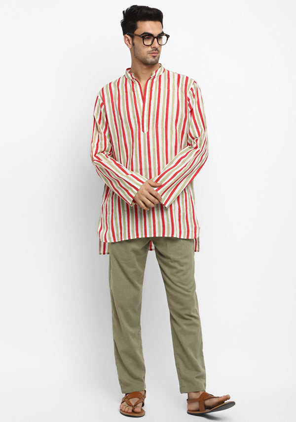 Olive Green Red Hand Block Printed Stripes Cotton Shirt and Pyjamas For Men - unidra.myshopify.com