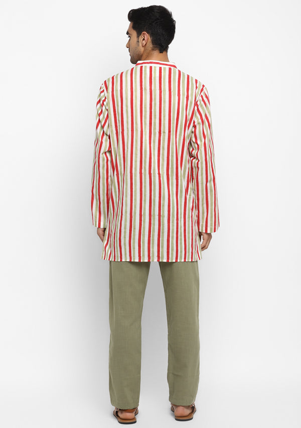 Olive Green Red Hand Block Printed Stripes Cotton Shirt and Pyjamas For Men - unidra.myshopify.com