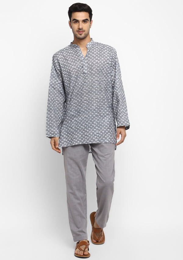 Grey Black Floral Hand Block Printed Cotton Shirt and Pyjamas For Men - unidra.myshopify.com