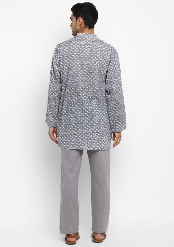 Grey Black Floral Hand Block Printed Cotton Shirt and Pyjamas For Men - unidra.myshopify.com